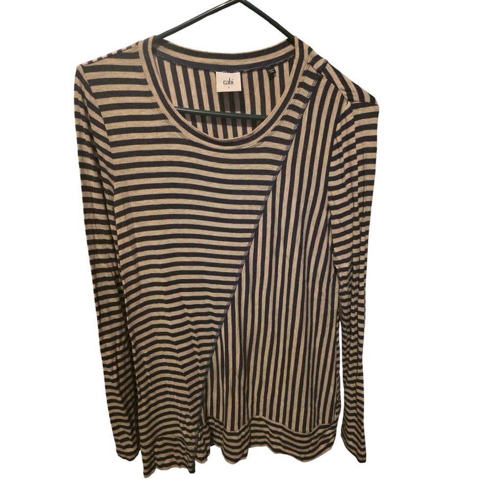 Cabi Striped‎ Lagenlook Long Sleeve Top Blue Gray Asymmetrical Stretch Shirt